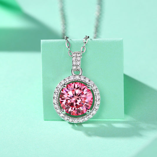 Bridesmaid Round Pink Dancing Moissanite CZ Circle 925 Sterling Silver Necklace