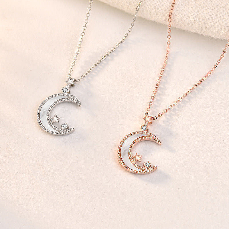 Classic Mother of Shell Crescent Moon Star 925 Sterling Silver Necklace