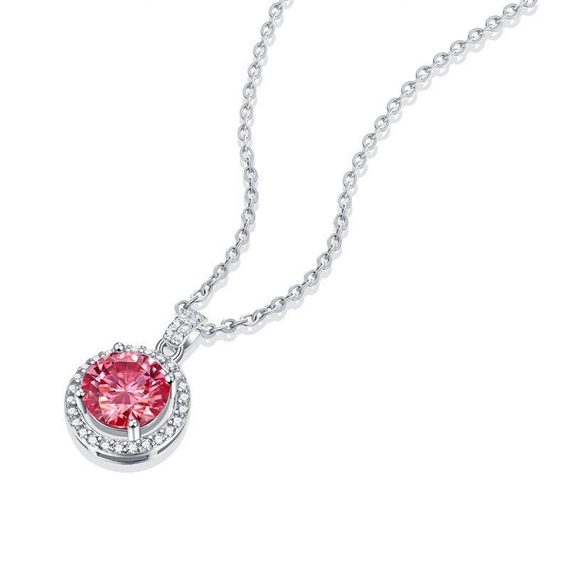 Bridesmaid Round Pink Dancing Moissanite CZ Circle 925 Sterling Silver Necklace