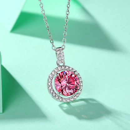 Bridesmaid Round Pink Dancing Moissanite CZ Circle 925 Sterling Silver Necklace