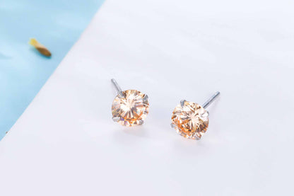 Simple CZ White 925 Sterling Silver Round Studs Earrings