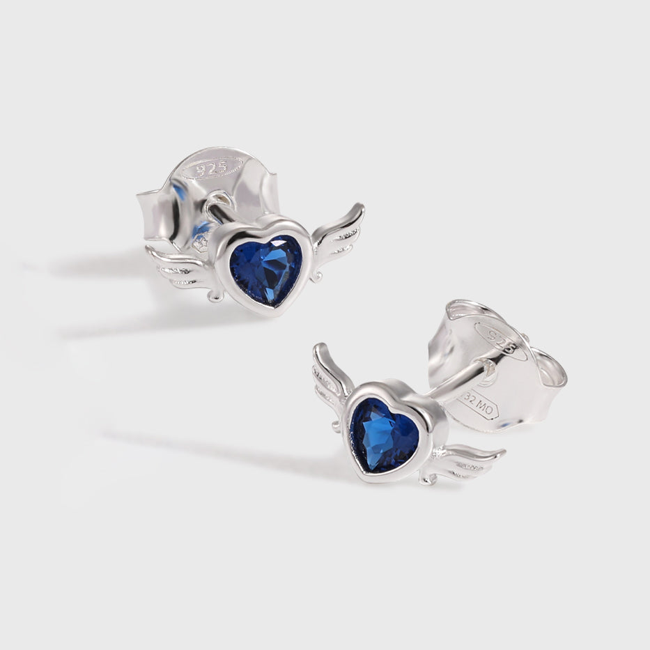 New Blue CZ Flying Heart 925 Sterling Silver Stud Earrings